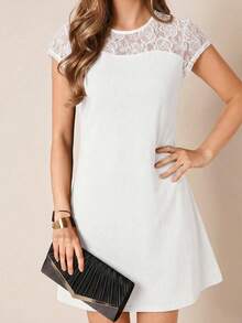 SHEIN Clasi Women's Solid Color Lace Patchwork Round Neck Short Sleeve Dress Women's White Dress Cute White Dress White Lace Dress White Casual Dress Short Sleeve White Dress - White - View 3