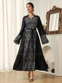 Al Najma Đầm maxi Thổ Nhĩ Kỳ thanh lịch, kín đáo với họa tiết chắp vá cổ chữ V dành cho nữ và áo Abaya truyền thống Ả Rập. - màu đen - Xem 3