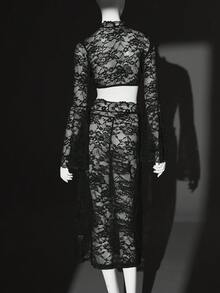 3件套女士性感蕾丝喇叭袖开衩长款连衣裙套装 - 黑色 - 查看 2