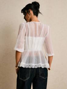 Poéselle 女士夏季休闲度假深V领撞色打结娃娃衫 - 白色 - 查看 2