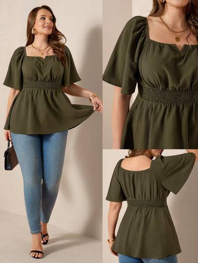 Comfylo 大码女式纯色荷叶边短袖收腰荷叶边下摆时尚上衣，适合嘉年华派对和情人节穿着