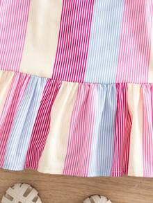 SHEIN Baby Girl Summer Casual Vacation Style Contrast Color Striped Print Ruffle Hem Spaghetti Strap Dress - Multicolor - View 5