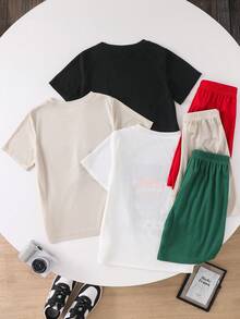 SHEIN 6件套男童休闲宽松字母印花圆领T恤短裤套装，适合通勤、上学、日常休闲穿着、运动、春夏穿着。 - 彩色 - 查看 3