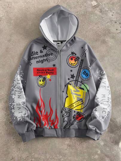 MTV | SHEIN 女士字母火焰印花连帽拉链长袖卫衣