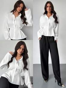 Firerie Women's Chic White Elegant Office Long Sleeve Blouse,Minimalist Autumn Commute A-Line Peplum Hem Shirt,Plain Pleat Button Fitted Collared Blouse,Fall - White - View 3