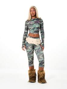 SUMWON WOMEN Camouflage Printed High Rise Capri Leggings With Pink Script Back Print Military Style Stretchy Workout Bottoms Fall Winter Activewear - Army Green - View 3