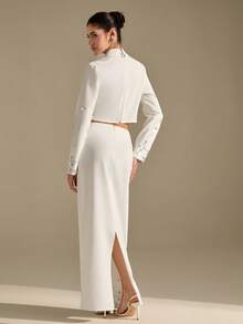 CLARA VERO Women's V-Neck Beaded Puff Sleeve Fitted Blazer - White - View 7