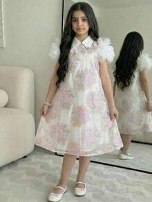 SHEIN فستان دانتيل	Tween Girls Floral Jacquard Satin Pleated Collar Rhinestone Decor Ruffle Hem Puff Sleeve Dress With Bow Headband, White Princess Dress, Suitable For Graduation Dance, Birthday Party, Valentine's Day, Flower Girl Dress, Gorgeous Palace Style - White - View 7