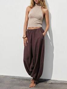 Maija 女士纯色抽绳腰带口袋休闲宽松哈伦裤，适合夏季假期、春季、情人节、沙滩、海滩、度假、夏季假期、女士度假、休闲裤、棕色裤子、宽松舒适的阔腿裤、圣帕特里克节女士复活节夏季复活节派对上衣夏季假期女士度假夏季外出毕业休闲 - 咖啡棕 - 查看 3