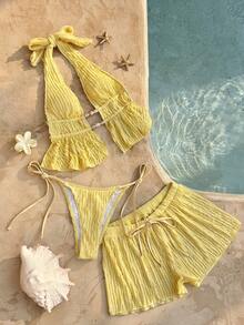 Swim Vcay Conjunto de bikini 2026 de verano para mujer con top corto de tirantes finos con cuentas, espalda descubierta y shorts, tela texturizada amarilla con fruncido y cordón, para vacaciones en la playa, orientación aleatoria - Amarillo - Ver 5