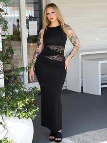 Arliah Women's Black Elegant Lace Stitching Sincere Long Dress,Elegant Women Dresses,Party Women Outfits,New Years Women Dress,Black Women Dresses,New Years Women Outfit,New Year Party Dress Summer Dresses For Women - Black - View 1