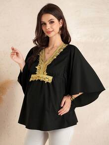 SHEIN Fashionable Gold Thread Lace Batwing Sleeve Maternity Top - Black - View 3