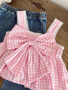 SHEIN 2pcs/Baby Girl's Plaid Camisole Top With 3D Bow And Embroidered Lace Trim, Paired With Flared Pants For A Stylish Vacation Outing Set - Pink - View 8