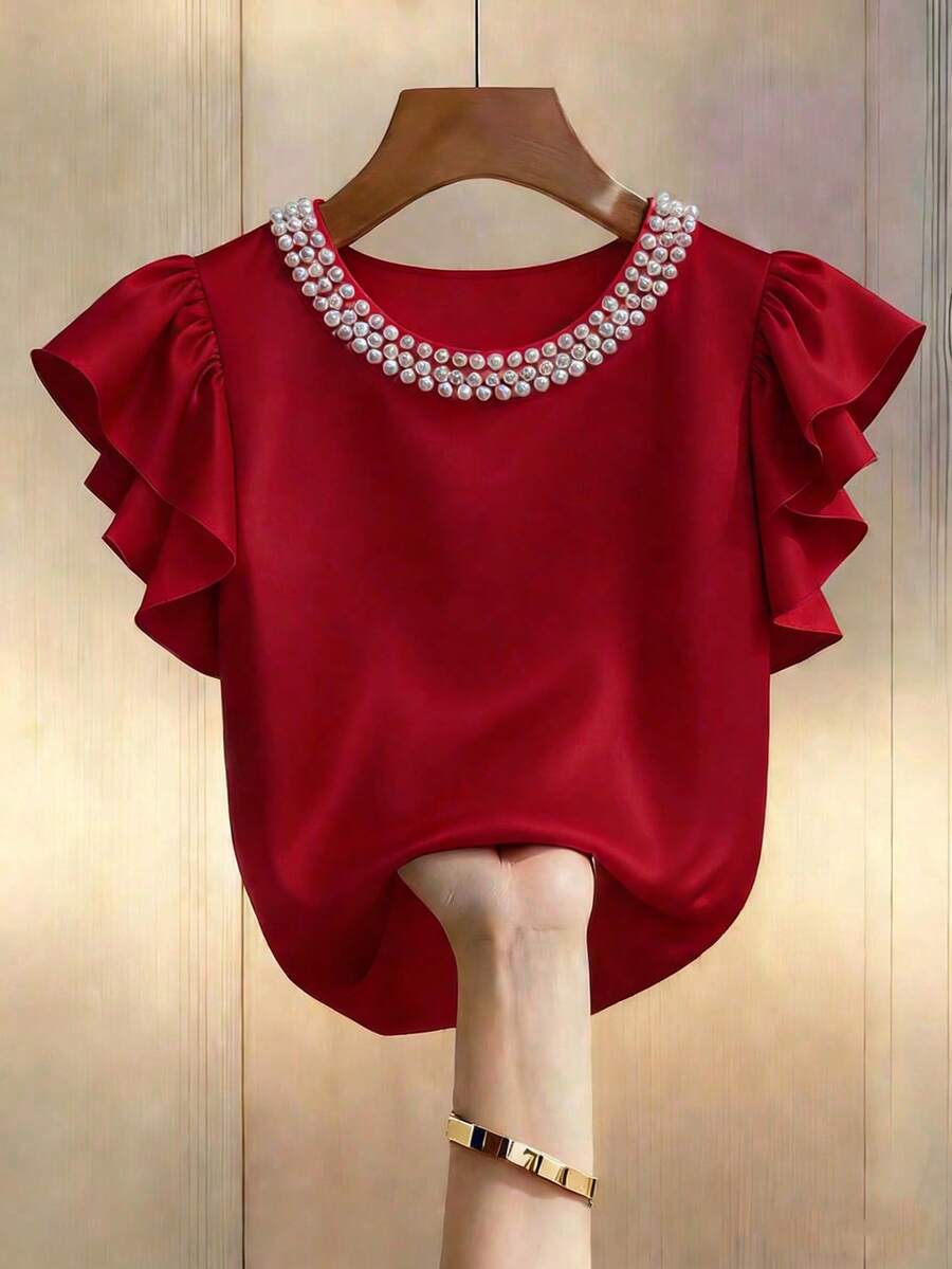 SHEIN LUNE 纯色缎面圆领短袖泡泡珠饰女式T恤 - 紅色 - 查看 1