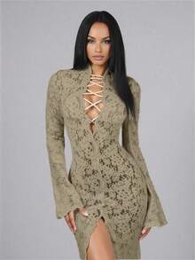 Zolique 秋季新款优雅女士深V吊带喇叭长袖毛绒厚蕾丝连衣裙，开领设计，适合派对、婚礼、约会和外出等场合。 - 灰色 - 查看 3