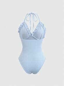 Sweetra Women's Blue Textured Striped V-Neck Camisole Camisole, High Stretch Fitted Design, Sexy European Style For Summer Pool, Beach, Vacation - Blue - View 2