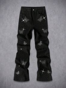 Manfinity EMRG Men's Casual Rhinestone Butterfly Pattern Flared Denim Pants - Black - View 1