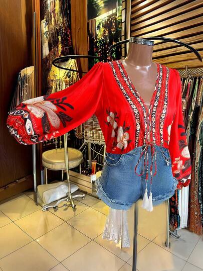 Franclia Plus Size Women Floral Tie Front Shirt