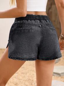 Breezaya Women's Solid Color Elastic Waist Casual Loose Summer Versatile Denim Shorts - Grey - View 2