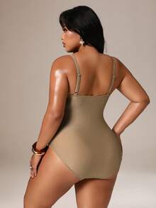 Auralis 大码亮片深V领连体泳衣 - 卡其色 - 查看 4