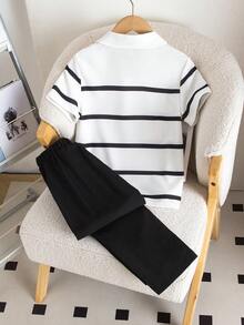 SHEIN 2pcs Boys' Outfit, Summer New Fashion Casual Elegant Striped Print Half-Zip Polo Shirt + Solid Black Straight Leg Pants Set, Suitable For Daily Outings, Gatherings, Commuting, Business Events, Summer - Black and White - View 2