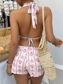Sunnyshic Bộ đồ 2 mảnh gồm áo crop top cổ chữ V khoét sâu và quần short cạp thấp họa tiết sao biển xanh và vỏ sò, thích hợp cho nữ mùa xuân/hè, đi nghỉ mát, dự tiệc, phong cách vintage tối giản, đa năng. - Hồng - Xem 2