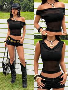 SHEIN EZwear 女士西部风格黑色网纱露肩上衣 - 黑色 - 查看 4