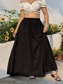 SHEIN EZwear 大码纯色简约休闲半身裙 - 黑色 - 查看 3