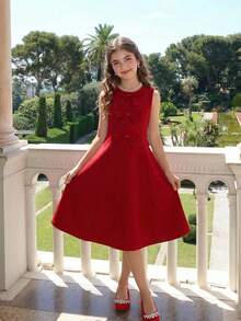 SHEIN Tween Girls' Elegant Red Bowknot Sleeveless Princess Party Dress, Suitable For New Year - Red - View 1