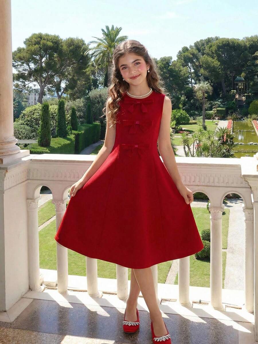 SHEIN Tween Girls' Elegant Red Bowknot Sleeveless Princess Party Dress, Suitable For New Year - Red - View 1