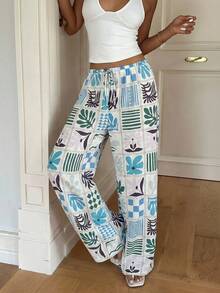 Aloruh Quần nữ kiểu dáng thường ngày, in họa tiết toàn thân, cạp chun, có dây rút. - Màu xanh lam - Xem 6