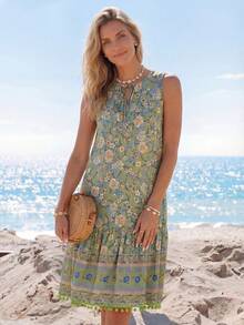 Sylviya Women's Sleeveless Floral Print Dress With Knotted Collar,Vacation - Green - View 5