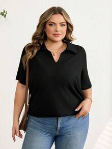 SHEIN CURVE+ 大码女式纯色 Polo 领短袖休闲百搭 T 恤/2026/新年 - 黑色 - 查看 3