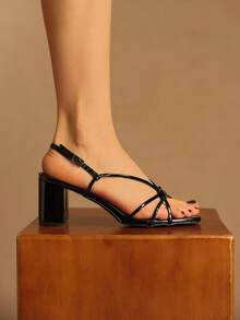 Rosivie Women's Square Toe Thick Heel PU Leather Criss-Cross Strap Design Fashionable Comfortable Daily Party Banquet Open Heel Solid Color Sandals Summer Shoes - Black - View 3