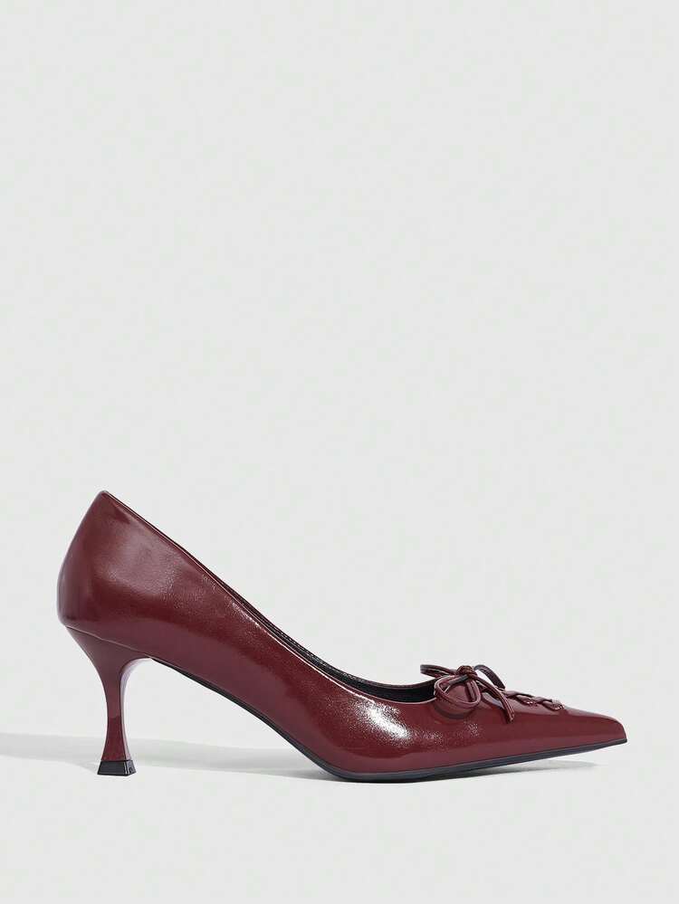 CUCCOO SZL Glossy Leather Bowknot Pointed Toe High Heels, Elegant Mature Style With Refined Fashion Elements, Suitable For Office, Dates Or Semi-Formal Occasions