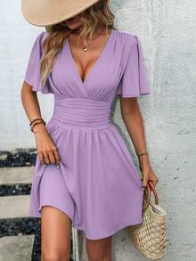 EMERY ROSE 纯色交叉裹肩短袖荷叶边腰褶连衣裙 - 淡紫色 - 查看 3