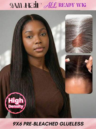 ALL READY WIG Wear & Go 9*6 Glueless Straight Transparent Lace Human Hair Wigs Lace Closure Natural Black Color Wig Pre Plucked Hairline Bleaching Knots 180% Density 8-30 Inch For Women