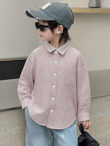 Dazy Kids 男童条纹 Polo 领单排扣休闲百搭日常长袖衬衫 - 紅色 - 查看 2