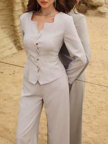 Modelyn Women's Spring/Summer Grey Woven Long Sleeve Snap Button Waist A-Line Faux Pocket Elegant Blouse And Long Straight Skirt Set - Grey - View 1