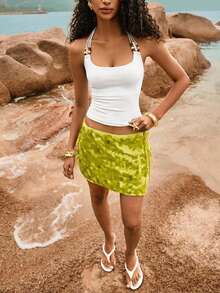 Poéselle Blusa de verano con escote halter sin espalda, con cuentas y nudos, en unicolor, para vacaciones en la playa - Blanco - Ver 3