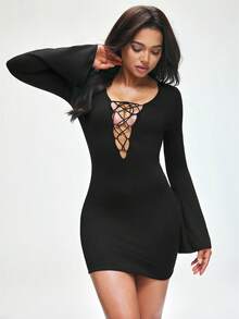SHAPORA Women's Solid Color Tie-Up Design Long Sleeve Sexy Nightgown - Black - View 4