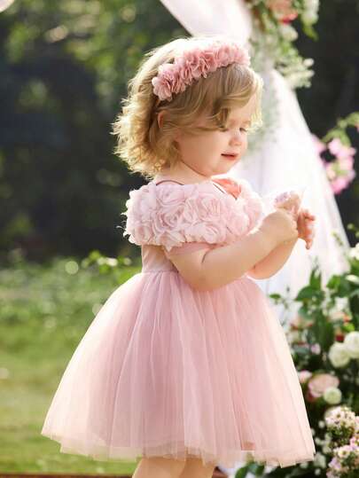 SHEIN Đầm trễ vai bằng vải lưới in hoa thanh lịch và dễ thương cho bé gái, Babygirl