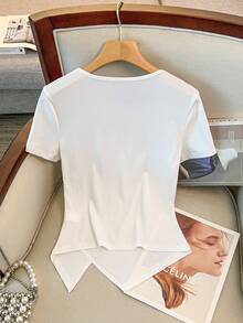GlowEve Women's White Knitted Ribbed Twist Collar Short Sleeve Side Ruched Hem Slit Summer New Fashionable Commuter Versatile Elegant Daily T-Shirt - White - View 2