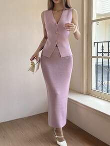 DAZY Spring & Summer Pink Knitted Vest Top And Straight Fit Bodycon Skirt 2 Pieces Set, Loose Business Casual Style, Fashionable Office Wear, Fitted Waist Design - Pink - View 5