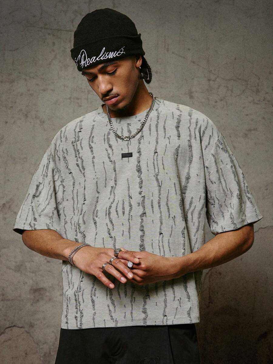 PAVTROS Men's Textured Crew Neck Casual Loose Short Sleeve T-Shirt - Grey - View 1