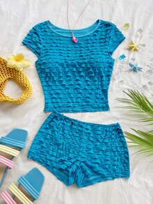 Soleia Damen-Urlaubs-Freizeit-Set: Zweiteiliges Set aus einfarbigem, strukturiertem T-Shirt und Shorts - Blau - Übersicht 1