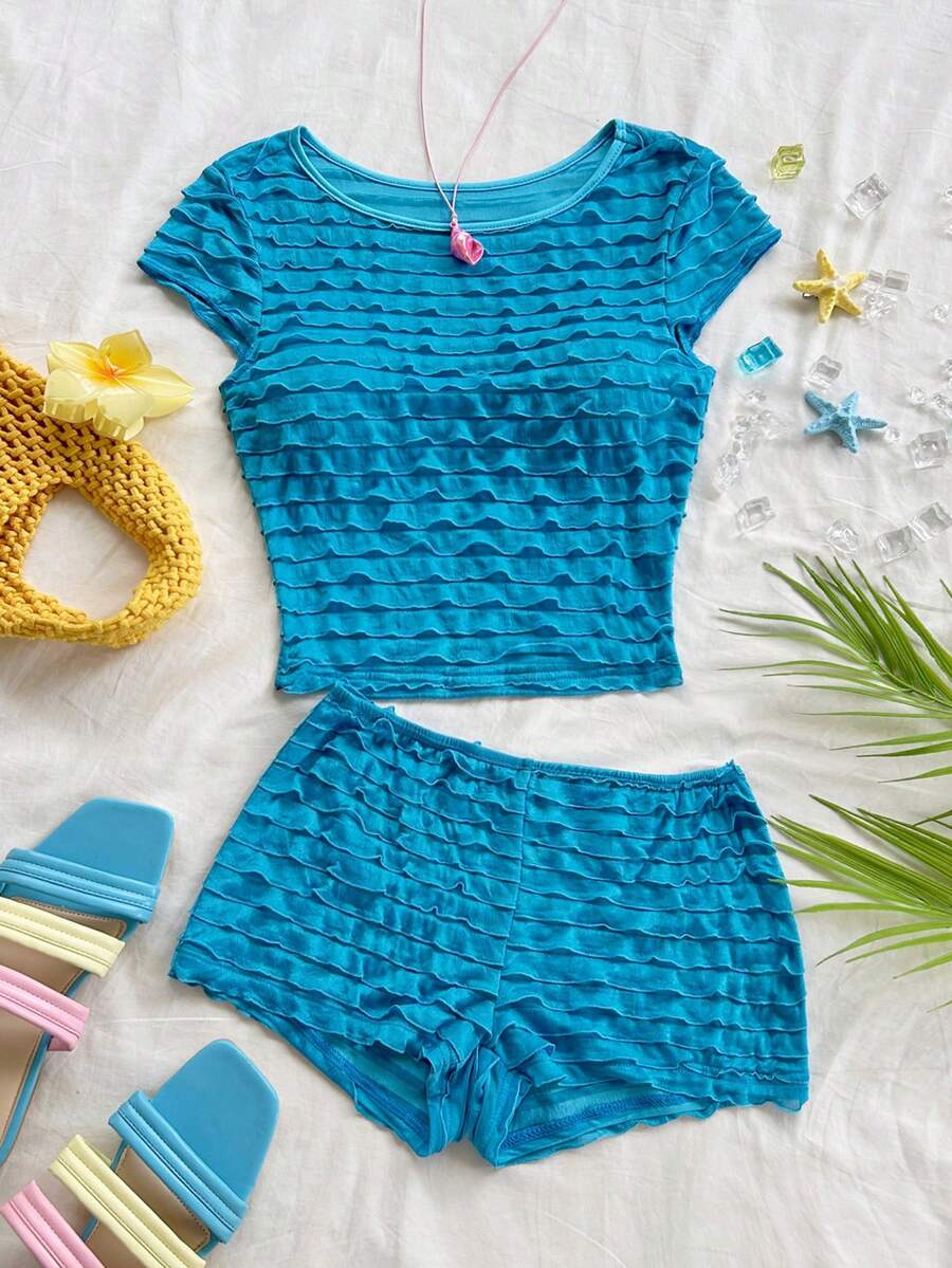 Soleia Damen-Urlaubs-Freizeit-Set: Zweiteiliges Set aus einfarbigem, strukturiertem T-Shirt und Shorts - Blau - Übersicht 1