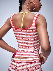 Shutterstock Y2Kool Casual Sexy Urban Chic Minimalist Y2K Fashionable Women Striped Heart Print Camisole Top, Suitable For Daily, Vacation, Date, Party, Valentine's Day, Spring/Summer - Multicolor - View 2