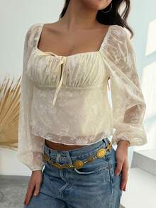 Aloruh White Romantic Date New Flocked Long Sleeve Square Collar Tie Front Fitted Women Shirt, Autumn/Winter - White - View 5