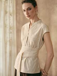 Revavyn Revavyn Blusa de algodón auténtico con escote en V con muesca, cintura con lazo y sin mangas a rayas, adecuada para uso diario, tops de verano y primavera - Albaricoque - Ver 3